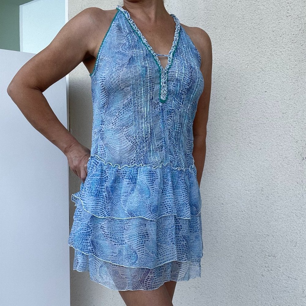New Poupette St Barth BETY Blue Wave 100% Silk Crinkle Print Dress XS Blue NWT